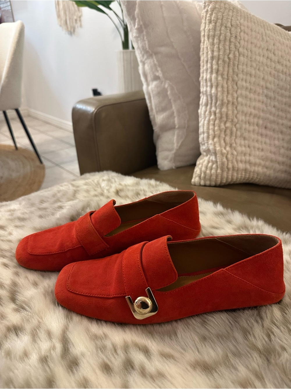 Franco Sarto Red Suede Loafers with Gold Accent